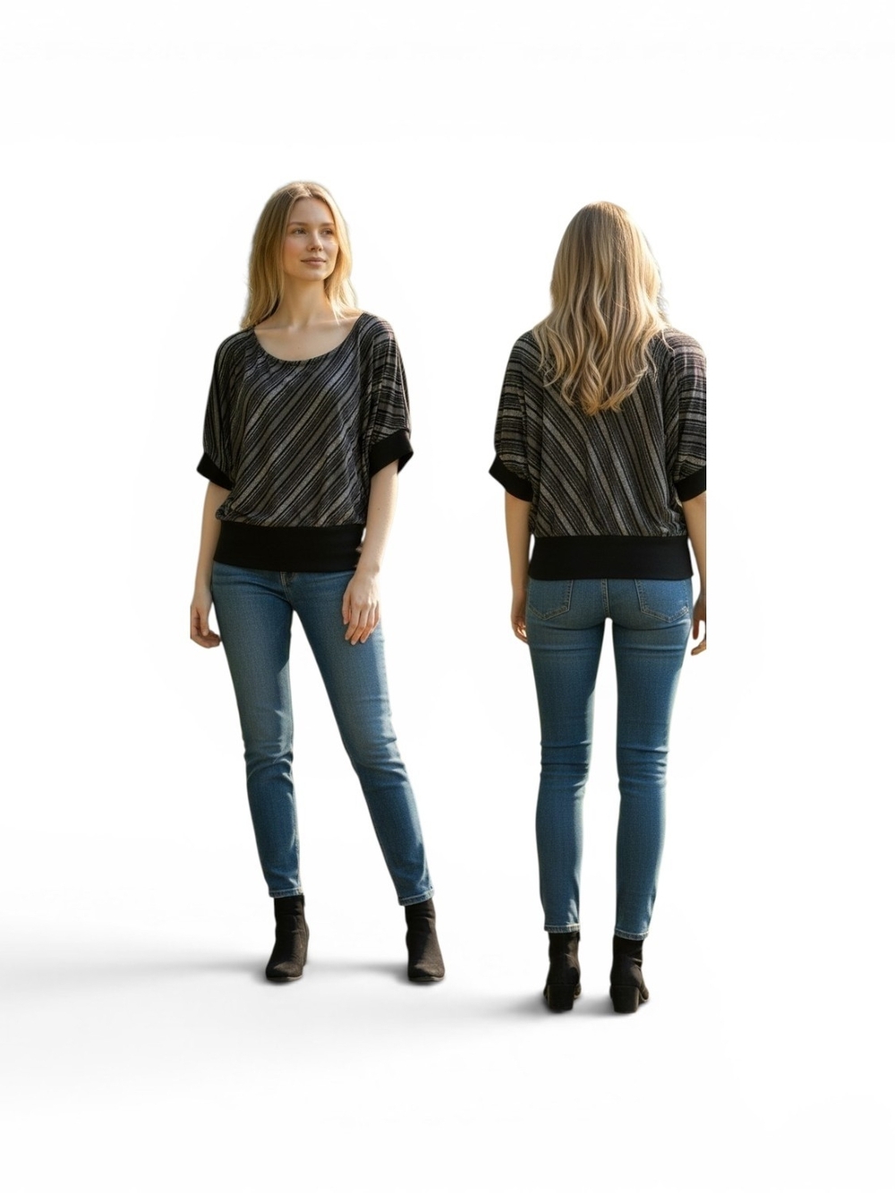 Celine By Champion Black & Gray Striped Dolman Sleeve Top